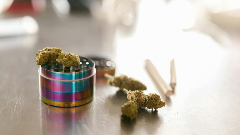 cannabis buds and a grinder